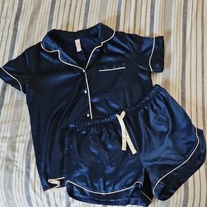 Stars Above Navy Satin Pajama Set with Cream Trim Womens Size M